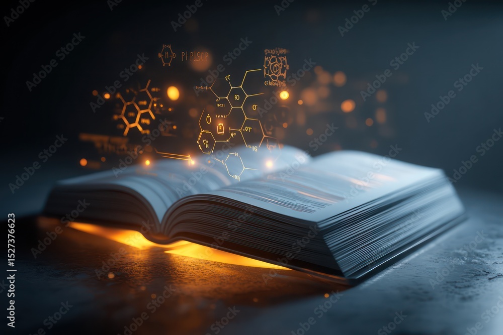 Poster digital floating book illuminated with glowing symbols representing education and innovation.