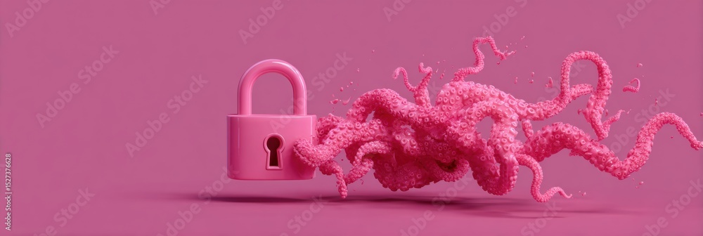 Poster 3d lock icon transforms as it melts into tentacled phishing illustration on a vibrant pink backgroun