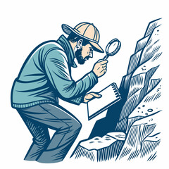 Create a vector illustration of a geologist, bold black strokes, meticulously examining rock samples, field equipment visible.