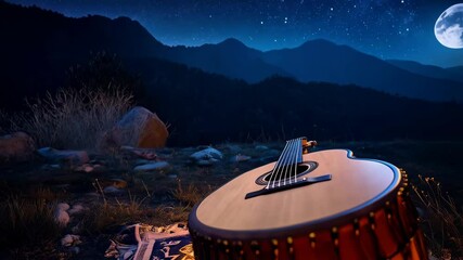 Acoustic guitar resting on patterned blanket under moonlight in an outdoor mountain setting with starry night sky