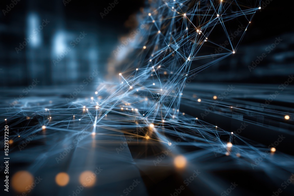 Poster Data flow visualized in a digital system, with glowing nodes connecting various data points.