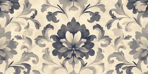 Elegant floral damask pattern in grey tones seamlessly repeating across the surface