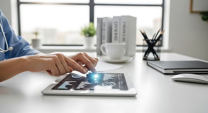 Doctor using tablet for medical data analysis and patient care