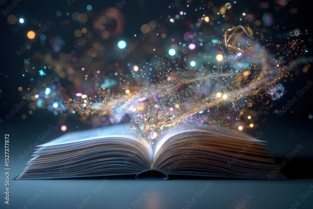 Poster open book visualized as a digital hologram with floating knowledge symbols and light effects.