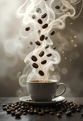 coffee beans and steam rising from a cup