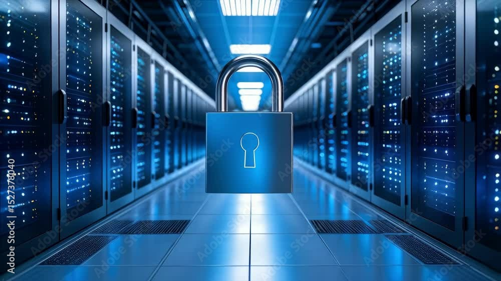 Aufkleber metal padlock with a keyhole floating inside a server room, symbolizing digital safety and cybersecu