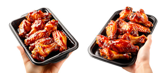 Hand holding crispy Teriyaki chicken wings garnished with fresh cilantro, great for appetizers or main meals.