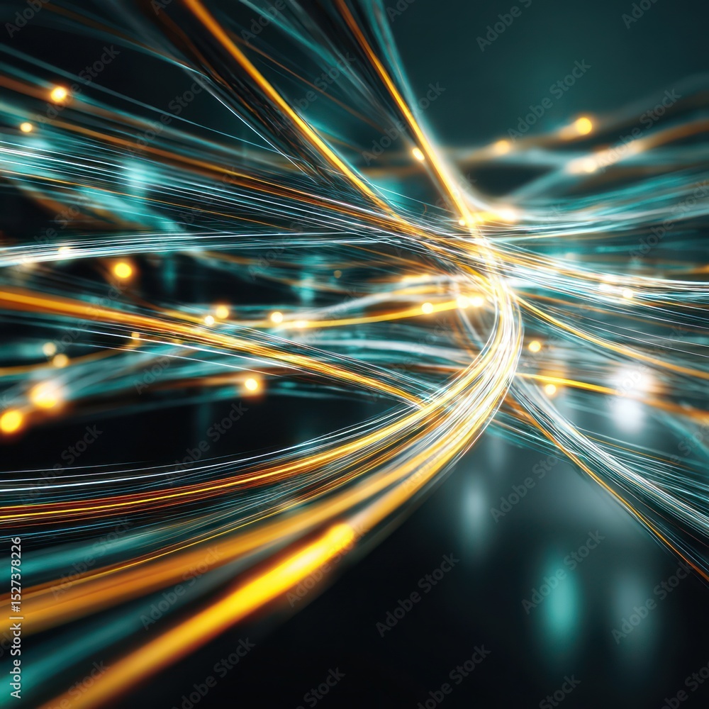 Poster Cyberpunk-inspired dynamic light trails used to create an abstract tech background in a futuristic format.