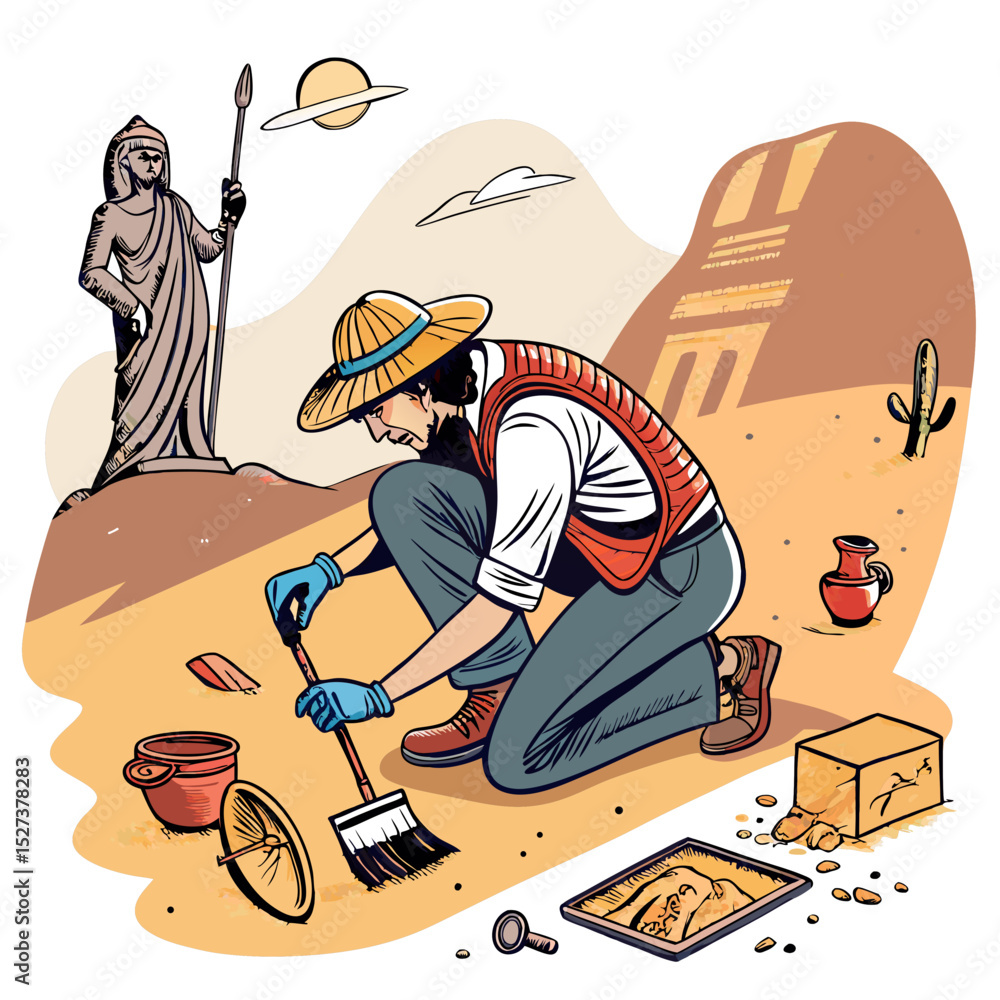 Poster create a bold vector illustration of an archaeologist carefully uncovering an ancient artifact. focu