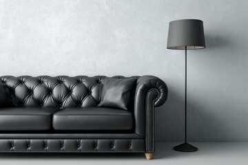 Close up, Home Interior With black Leather Sofa, Empty Wall And Floor Lamp