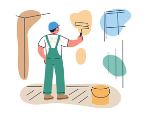 Vector illustration of worker painting walls during home renovation. House repair, apartment improvement, hired labor composition, cartoon man working with roller, handyman redocorate room