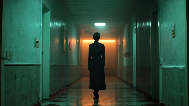 Back view of elegant woman walking away in dark hospital corridor with orange and teal lights, creating a mysterious and cinematic atmosphere