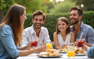 Happy family enjoying weekend brunch together in backyard. High quality