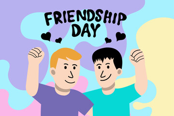colorful Friendship Day Illustration with Happy Diverse Friends - Group Cheer with Hands in the Air Two friends raising their arms and cheering together, representing celebration and shared success.	