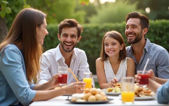 Happy family enjoying weekend brunch together in backyard. High quality