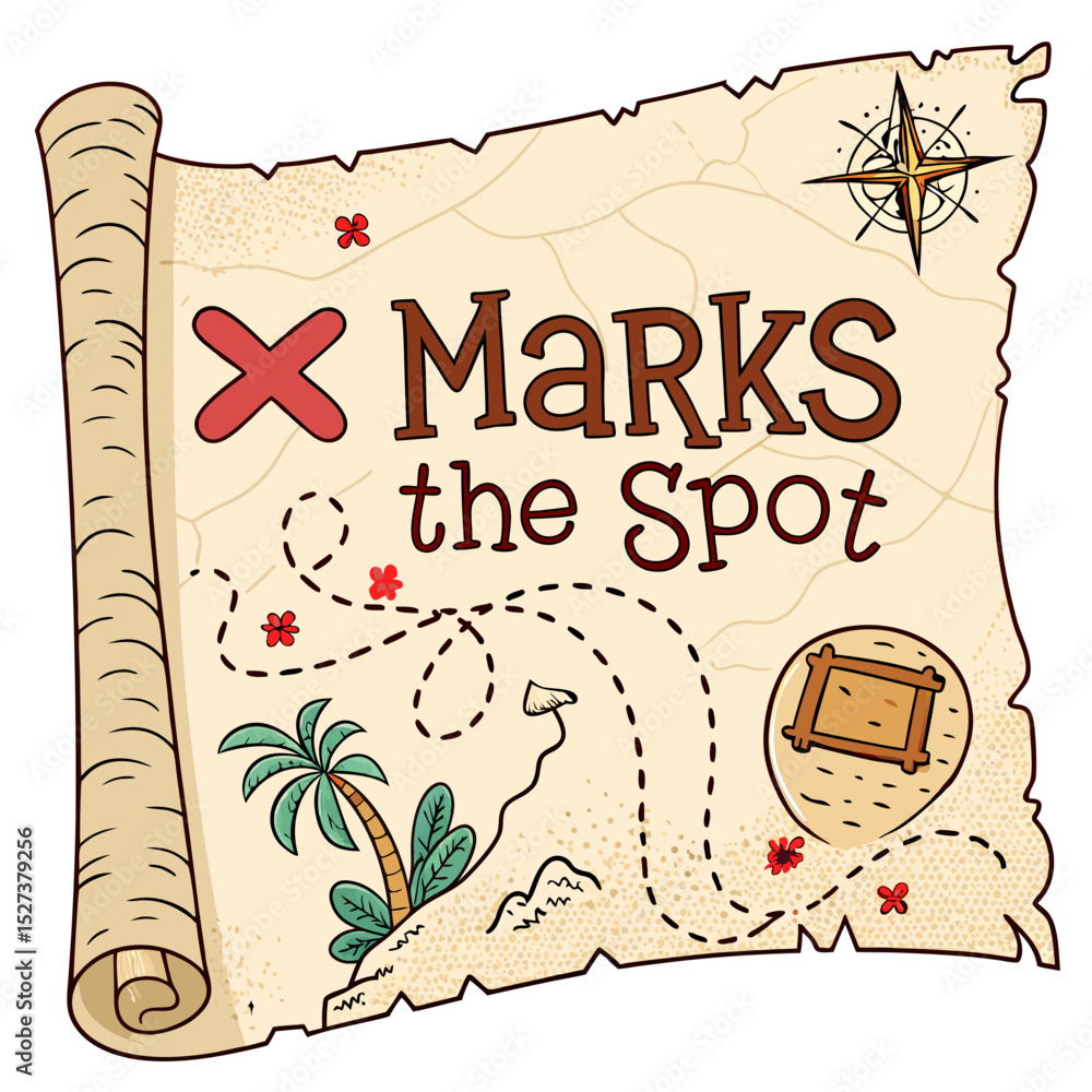 Poster create a bold, vector illustration of a vintage map featuring a prominent 'x' marking a location. st