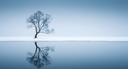 Leafless tree with reflection on a still icy lake under moody blue lighting symbolizing silence and introspective solitude