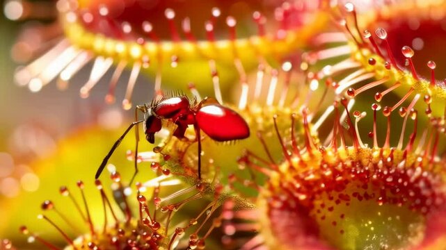 Close up view of a sundew plant and an ant, featuring dew drops on the tentacles and vibrant colors, highlighting insectivorous nature and symbiosis.