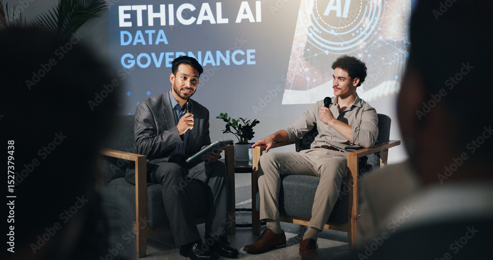 Poster business men, conference and panel discussion with host for ai governance, ethics or rules. seminar,