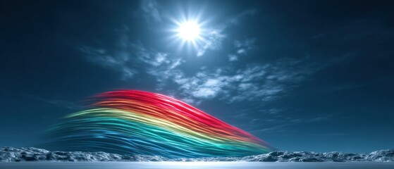 A vibrant rainbow arches over a snowy landscape under a bright sky