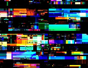 Abstract digital art with colorful blocks and lines creating a glitch effect on a black background