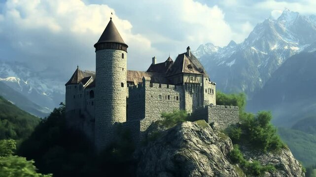 Stone stronghold perched high amid snowy peaks