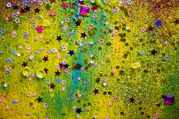 A colorful, textured abstract artwork created with handmade paint and spontaneous creative brush movements