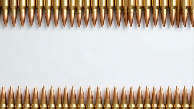 Rows of golden bullets arranged on white background creating frame. Still life of ammunition with copy space in center.