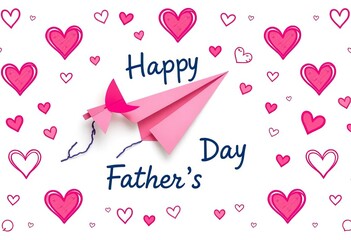 Happy Father's Day! Pink paper airplane, flying hearts, & family doodle pattern on white background,  dad,  sky