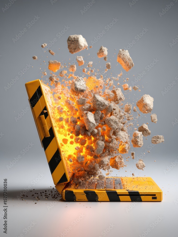 Poster Warning Popup From Fake Antivirus Software Explodes From Laptop With Debris Flying in a Digital Emergency Scenario