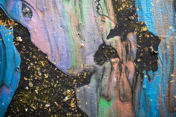 A colorful, textured abstract artwork created with handmade paint and spontaneous creative brush movements
