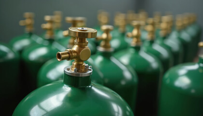 Green compressed gas cylinders close-up. Industrial argon storage tanks for welding medical applications. Pressure regulators, safety valves. Metal tanks, industry manufacturing.