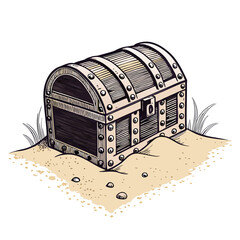 Create a vector illustration of a half-open pirate treasure chest, featuring a bold, thick black stroke outline.  Focus on a strong, easily scalable design.