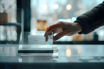 hand holding a transparent credit card over a modern point-of-sale terminal, finance tech advertising look 
