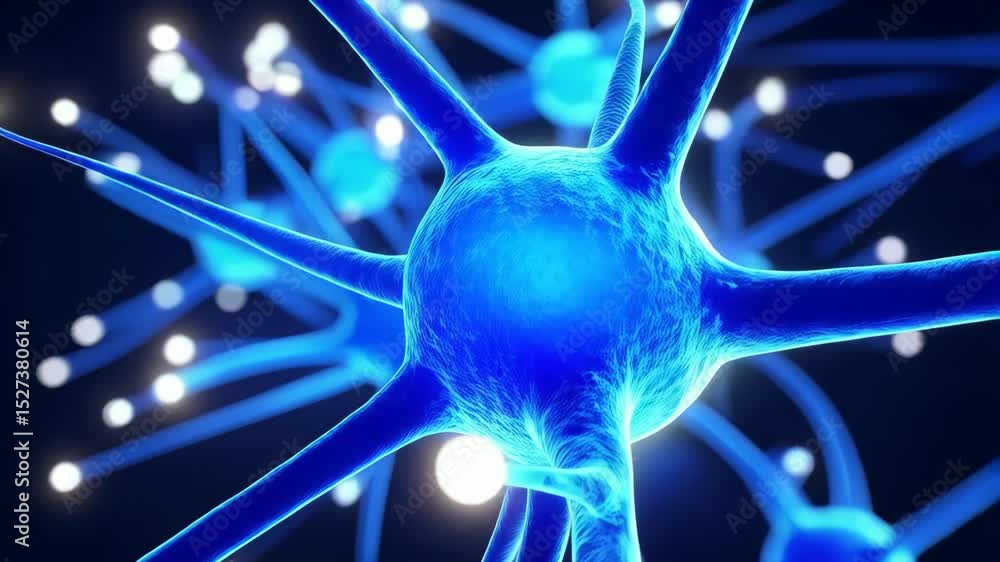 Poster abstract neuron network animation. blue colored nerve cells transmitting signals with bright glowing