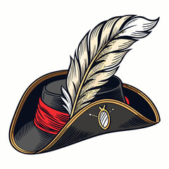 Create a bold, vector illustration of a pirate's tricorn hat with detailed feather embellishment.  High contrast, clean lines.