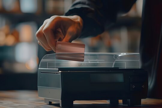 hand holding a transparent credit card over a modern point-of-sale terminal, finance tech advertising look 
