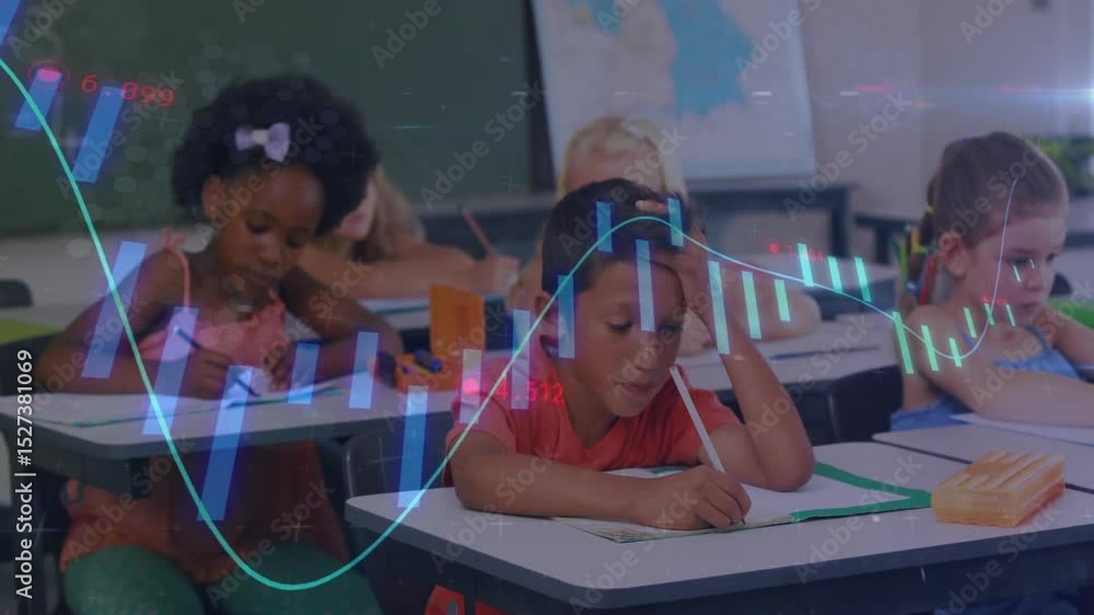 Poster students starting assignment, boy pausing writing faster, smiling while finance charts animating