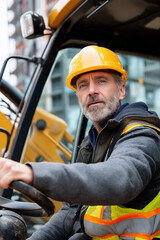An excavator driver behind the wheel works at a construction site.Construction worker operating heavy machinery on a building site