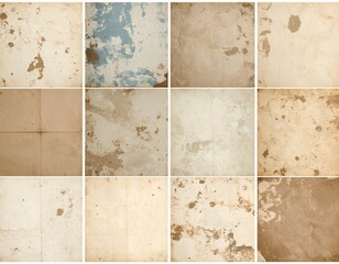 Collection of twelve square images showing various textures of old and weathered paper surfaces close up