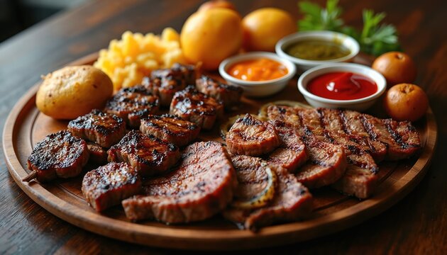 Grilled beef kebabs, steak, sauces platter. Ketchup, mango chutney, green sauce, tasty food for dinner or feast. Party time with friends. Homemade, fresh, savory meals, ideal for summer.