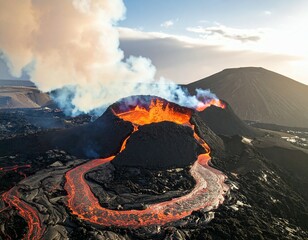 Aerial view of volcanic eruption with lava flow and smoke against a cloudy sky landscape scenery