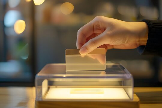 hand holding a transparent credit card over a modern point-of-sale terminal, finance tech advertising look 
