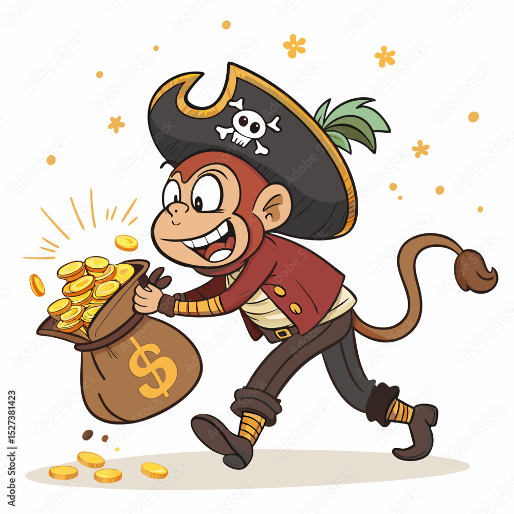 Poster create a bold vector illustration of a mischievous monkey pirate stealing treasure. focus on strong 