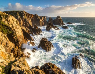 Coastal cliffs meet the turbulent ocean with crashing waves under a partly cloudy sky at sunset