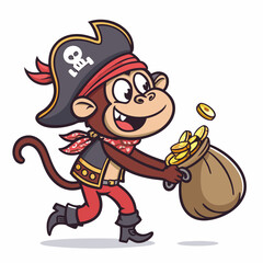 Create a bold vector illustration of a mischievous monkey pirate stealing treasure.  Focus on thick, black outlines and a playful style.