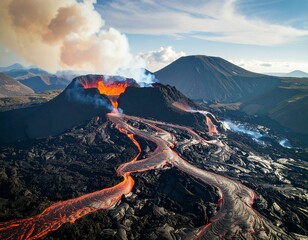 Aerial view of erupting volcano with lava flows and smoke against a cloudy blue sky background
