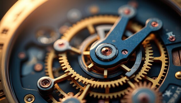 Close-up mechanical gears inside Swiss watch. Metallic gold, blue shades details. Macro shot of clockwork mechanism, time concept, industry, luxury accessory.