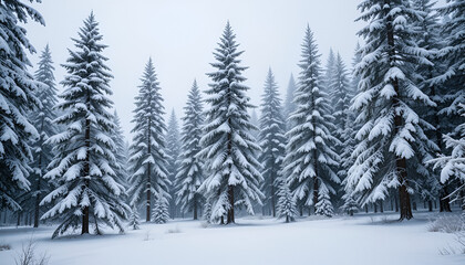 Naklejka premium Snowy forest landscape with pine trees covered in snow, peaceful winter scenery. 