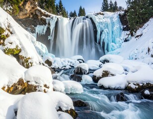 Waterfall cascading amidst snow covered rocks and icicles in a winter landscape with trees above